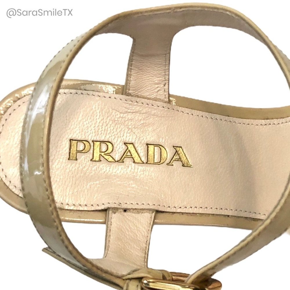 PRADA Nude Designer Patent Leather Wedge Sandals - Picture 8 of 10